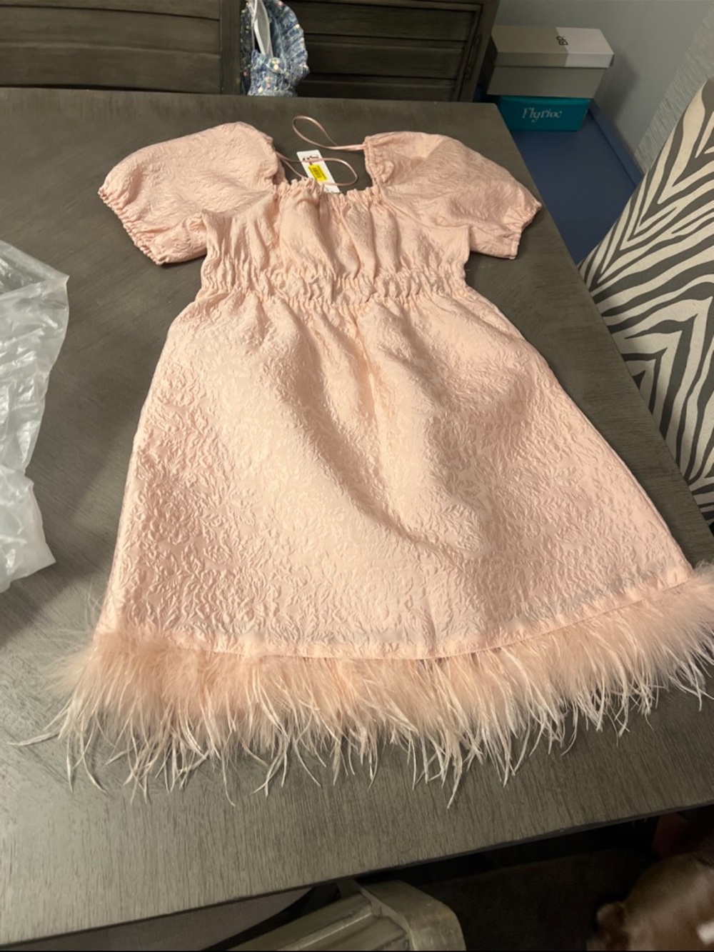 GB girls Blush Pink Puff-Sleeve Feather-Hem Dress